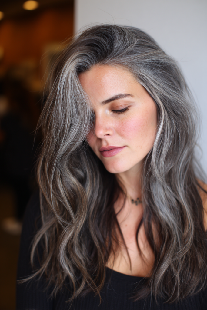 Natural Silver Streaked Waves with Deep Side Part