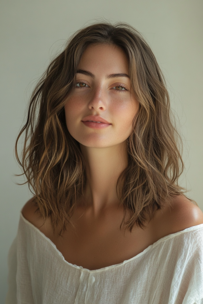 a woman with brown hair and a white shirt