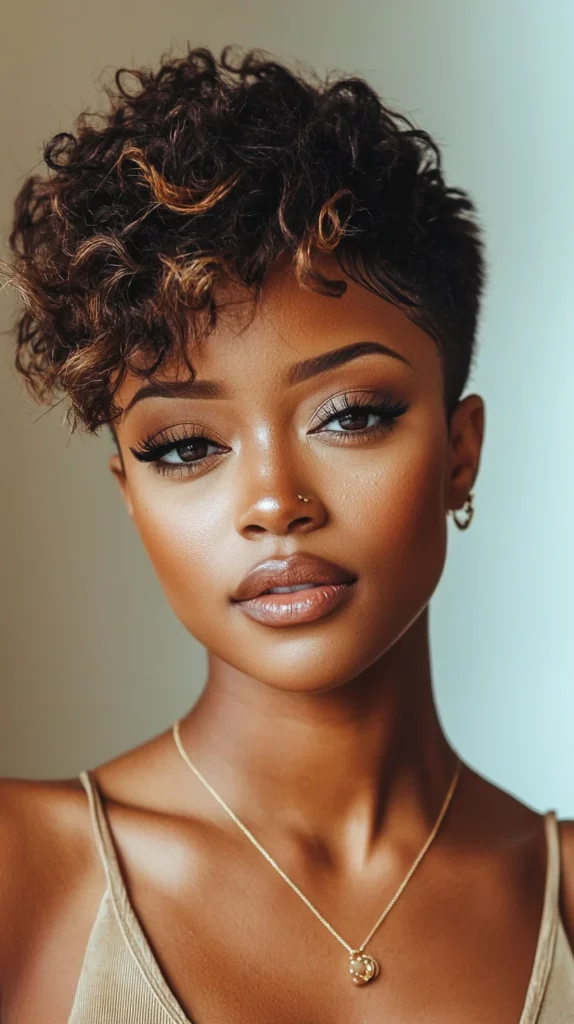 Feathered Brown Pixie with Caramel Highlights