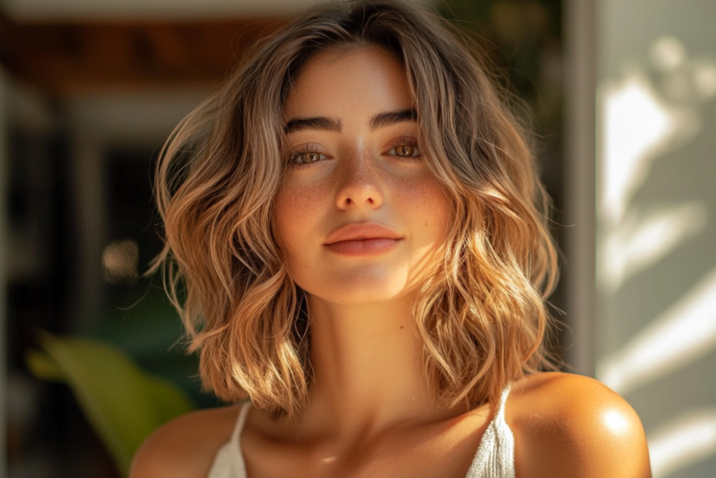 a woman with short hair and freckles