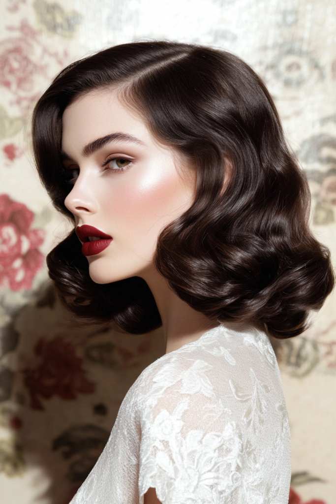 a woman with dark hair and red lipstick
