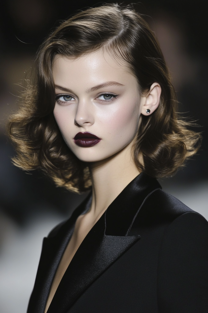 a woman with dark lipstick and dark hair