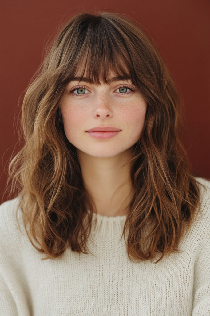 a woman with long brown hair and bangs