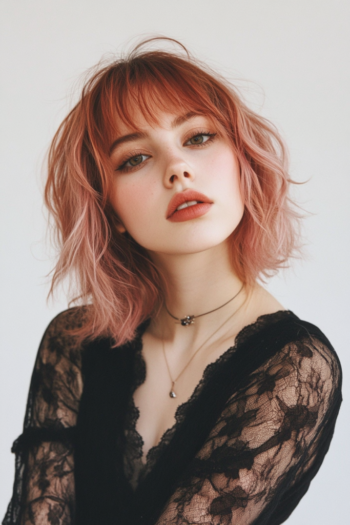 a woman with pink hair and black lace top