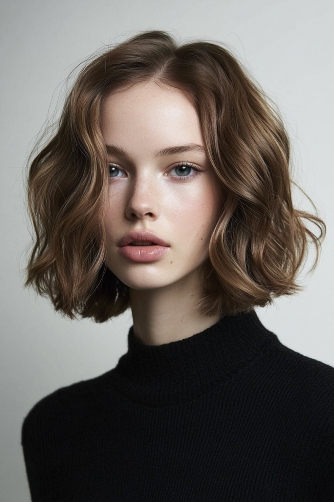 a woman with short brown hair wearing a black turtleneck