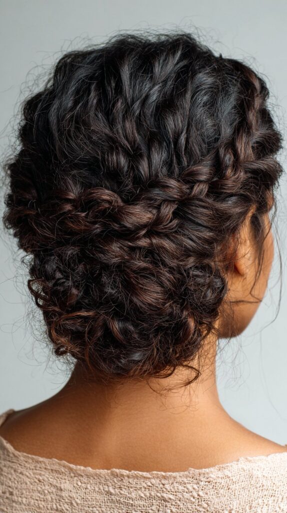 Braided Crown with Curly Low Bun