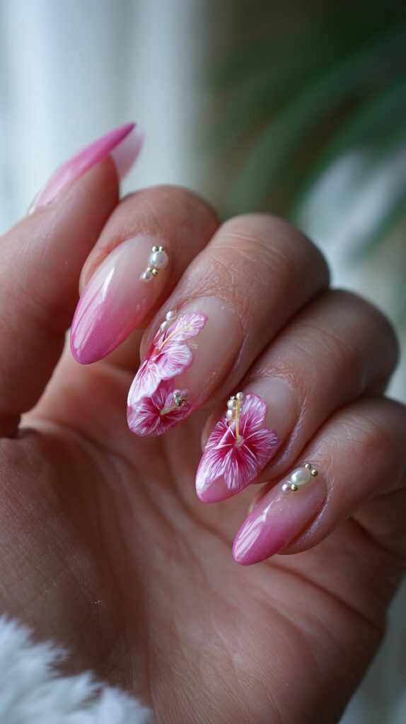 Gradient Pink Hibiscus Almond Nails
