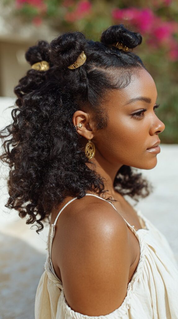 Half Braided Bantu Knots with Curly Back
