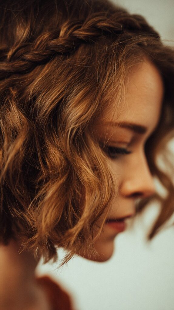 Half Braided Headband with Curly Layered Bob