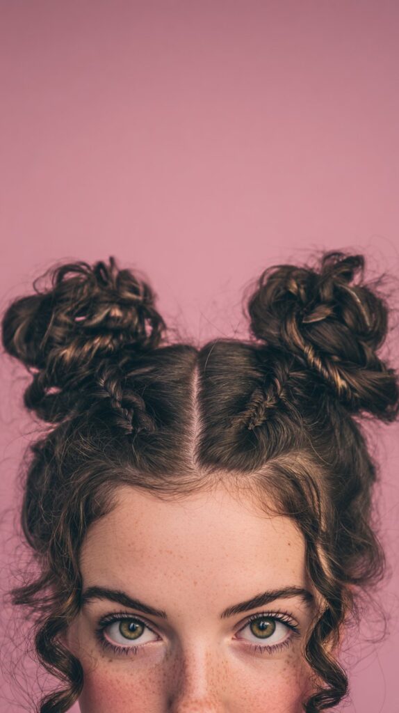 Half Braided Space Buns with Curly Tendrils