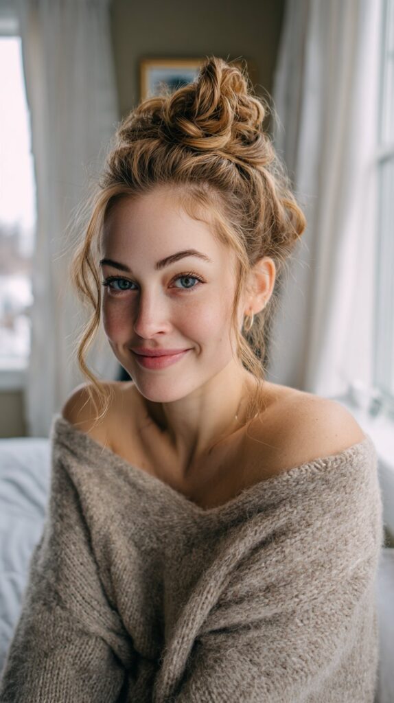 Messy Top Knot with Face‑Framing Tendrils