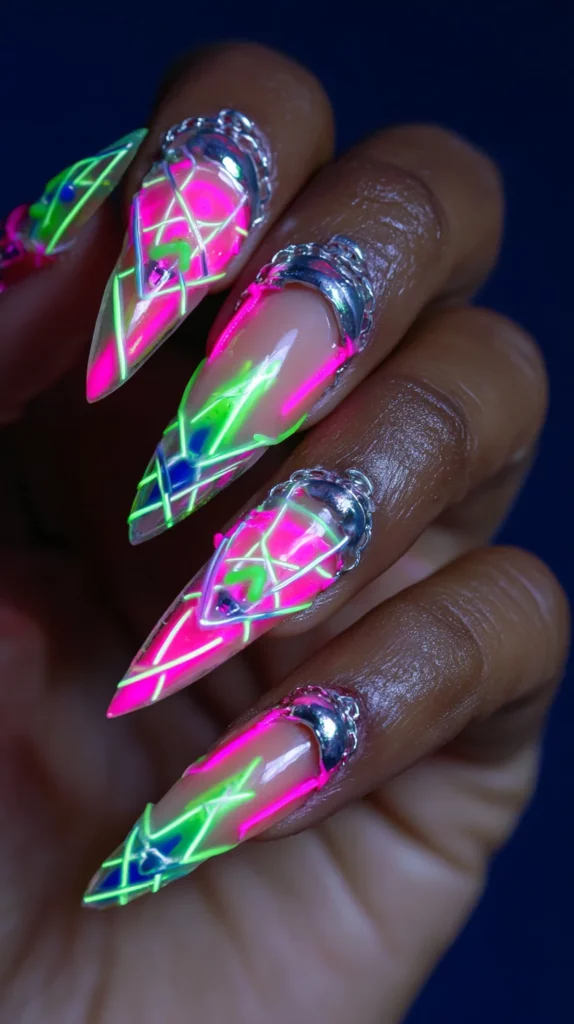Neon Cyberpunk Stiletto Junk Nails