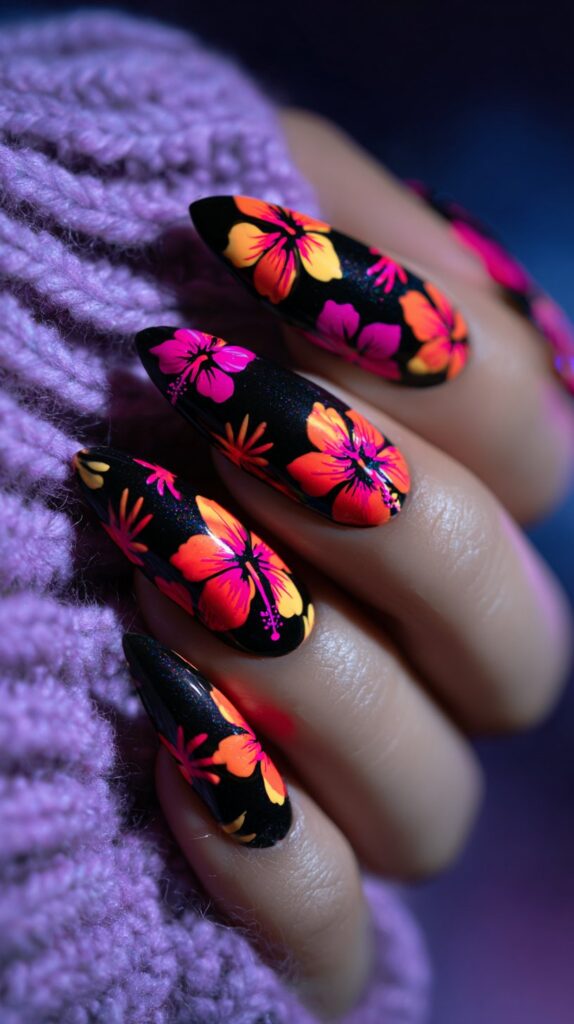 Neon Hibiscus on Black Almond Nails