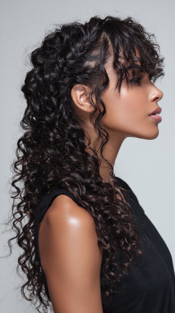 Side‑Swept Braided Bangs with Spiral Curls