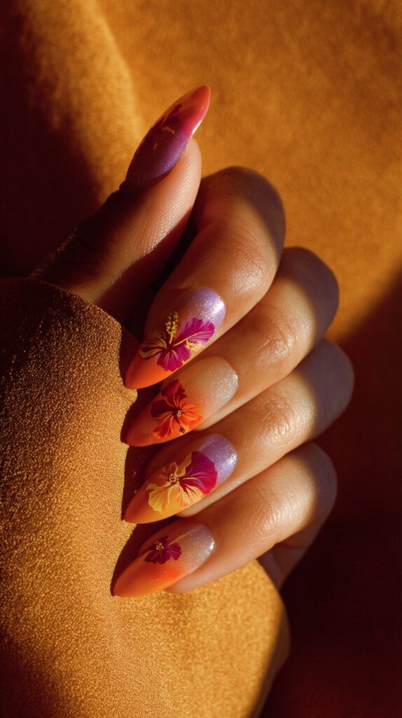 Tropical Sunset Hibiscus Almond Nails