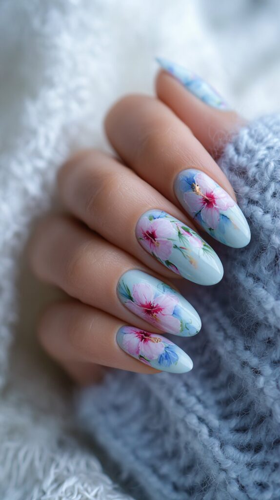 Watercolor Hibiscus Almond Nails