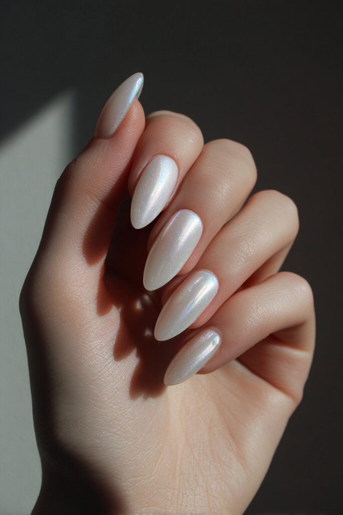 Pearlescent White Almond Nails