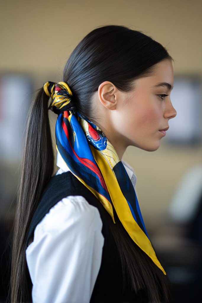 Sleek Low Ponytail with Scarf
