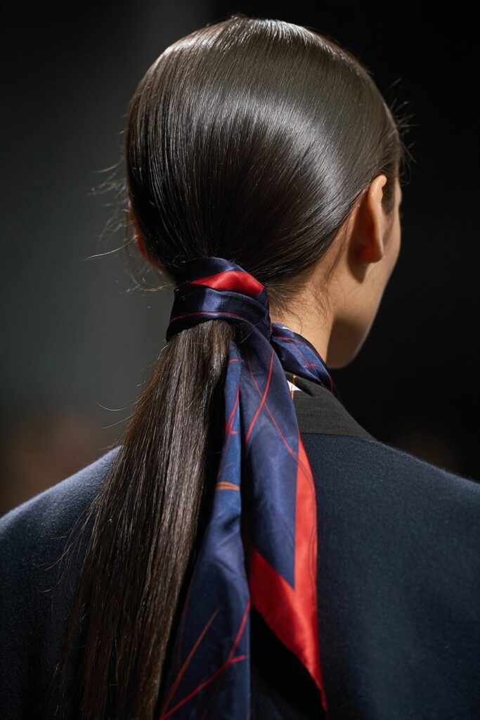 Sleek Low Ponytail with Scarf