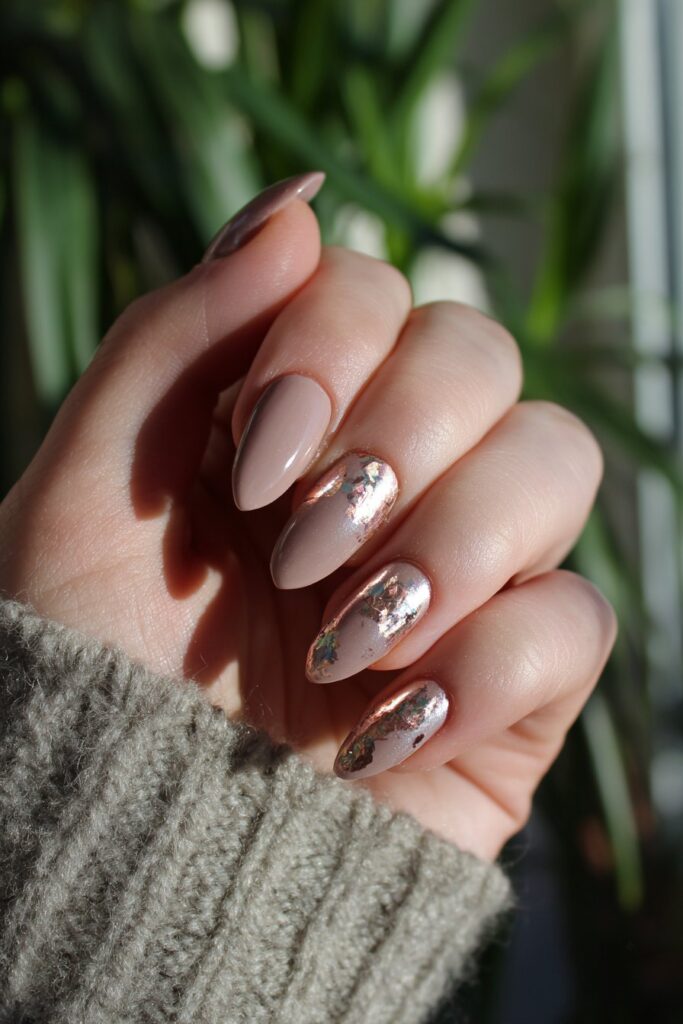 Taupe Almond Nails With Foil Accents