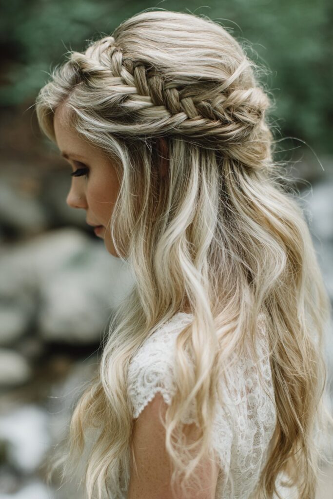 Half-Up Wavy Style with Braided Crown
