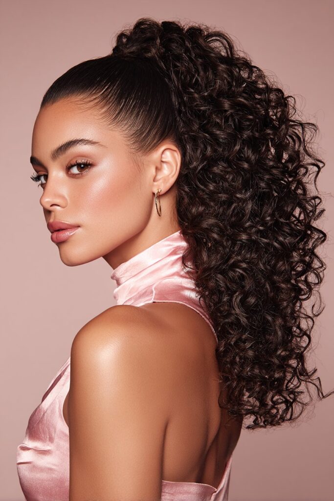 Slicked-Back Curly Ponytail