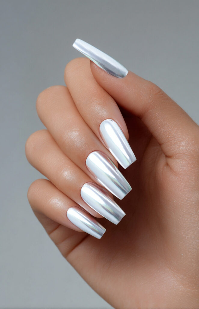 White Chrome Coffin Nails