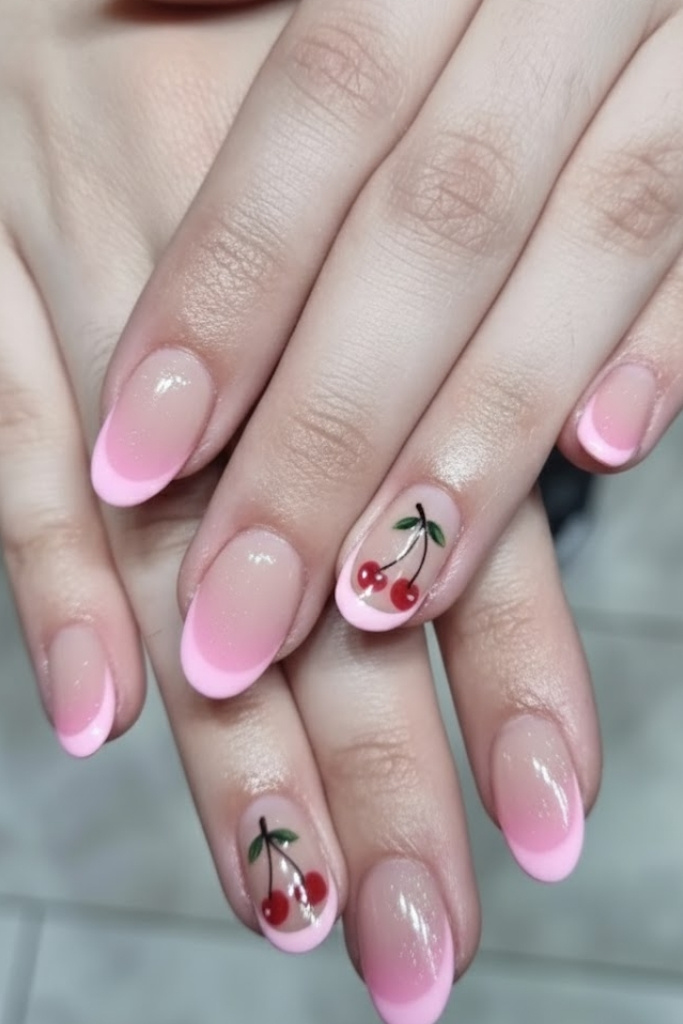 Pink Ombre Nails with Cherry Stems