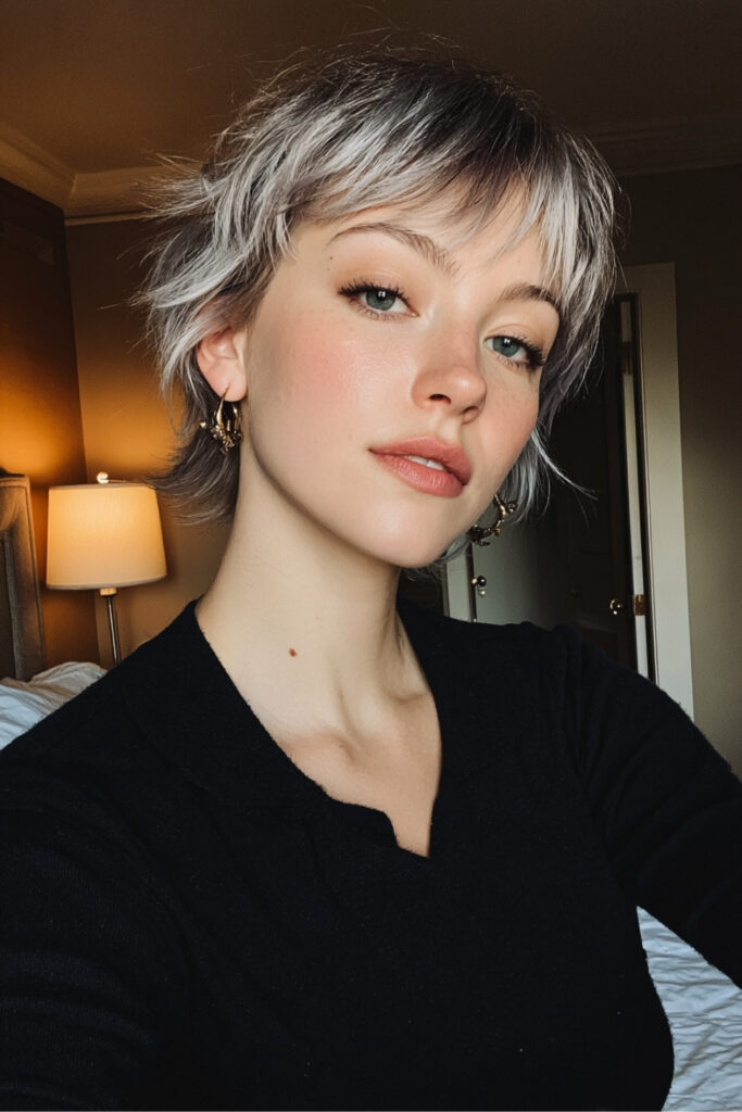 Choppy Salt and Pepper Pixie with Bangs