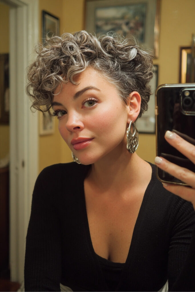 Curly Salt and Pepper Pixie