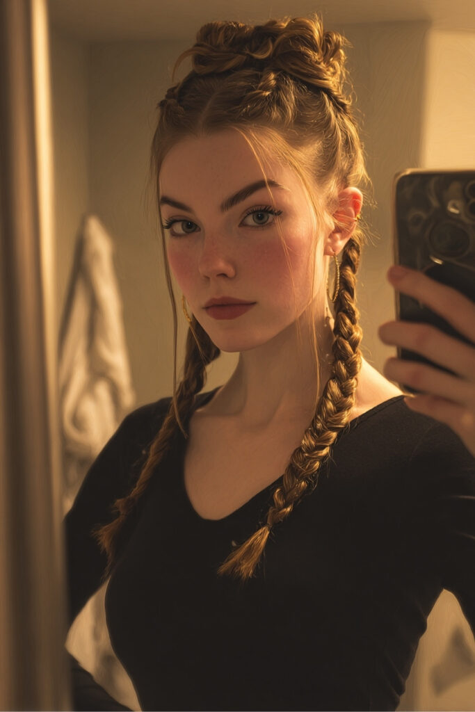 Half Moon Feed-In Braids with Sculptural Top Knot
