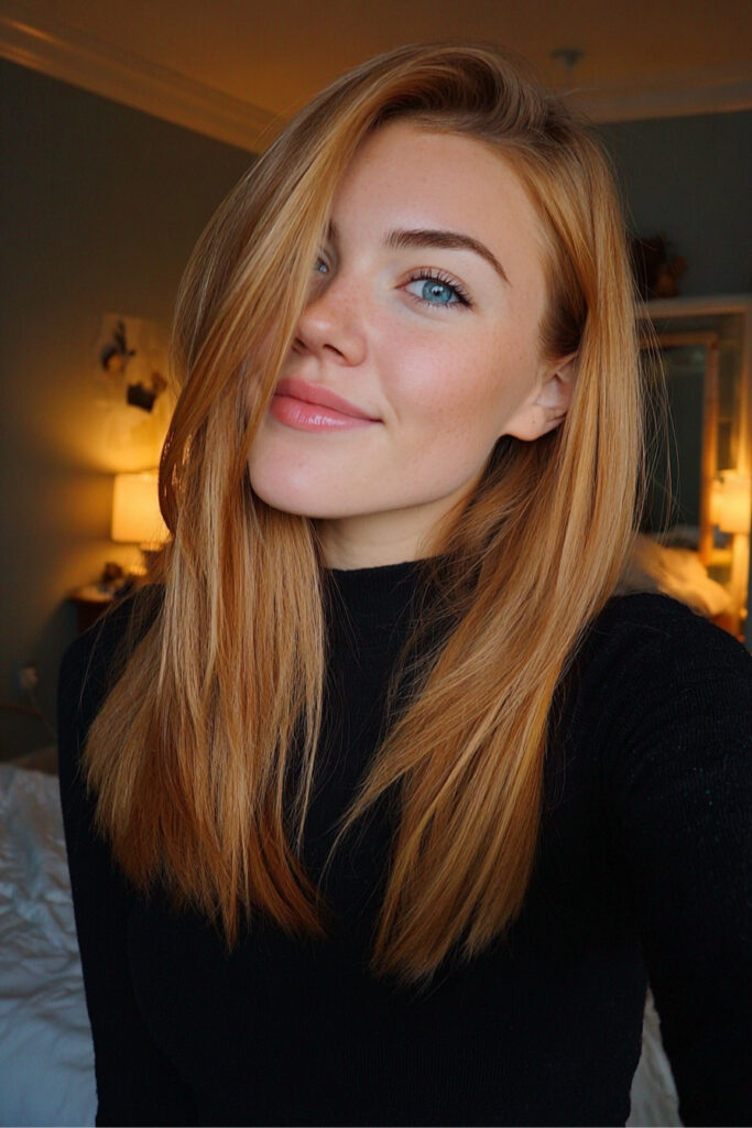 CoTextured Honey Blonde Lob with Chunky Money Piecespper-Infused Honey Blonde with Creamy Money Pieces