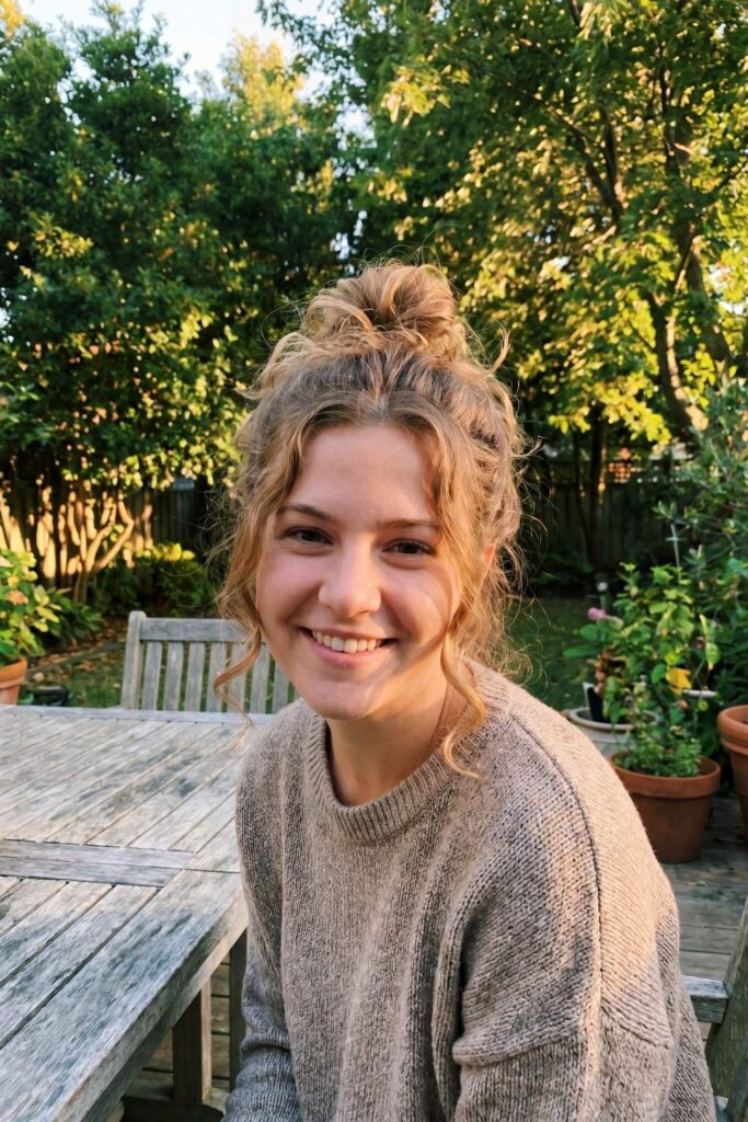 Messy Topknot with Face-Framing Tendrils