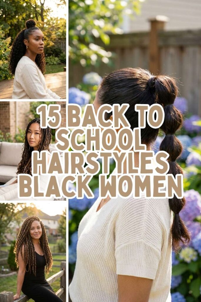 A multi-photo collage image titled '15 BACK TO SCHOOL HAIRSTYLES BLACK WOMEN'. The main large photo on the right showcases a woman from behind with a sleek, segmented bubble ponytail amidst a purple hydrangea garden. Three smaller stacked images on the left feature a woman with a half-up top knot on a sunlit wooden deck, a woman with long goddess braids on an outdoor patio, and a woman with long passion twists smiling while leaning against a wooden fence.