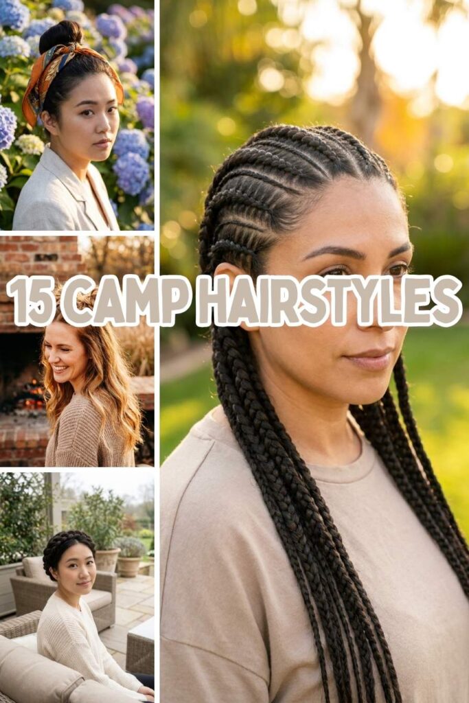 A collage image titled '15 CAMP HAIRSTYLES' showcasing four diverse women sporting different outdoor hair looks in premium, sun-dappled backyard settings. The main image shows a Latina woman with sleek feed-in cornrows. The smaller images feature an East Asian woman with a high bun and bandana, a Caucasian woman with loose beachy waves by a fireplace, and an East Asian woman with a twisted crown halo sitting on an upscale patio.