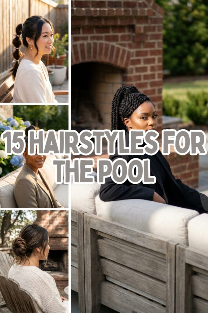 A collage grid showcasing four chic summer hairstyles for a pool day. The top-left panel features an East Asian woman with a delicate bubble ponytail tied with mini ribbons. The middle-left panel shows a smiling African-American woman with a sleek topknot sitting on a patio couch near blue hydrangeas. The bottom-left shows a woman with a low messy bun seated outdoors. The large right-hand panel features an African-American woman sitting on a wooden patio sectional in front of a brick fireplace with her hair styled in a high, structural braided wrap updo. Oversized text in the center reads "15 HAIRSTYLES FOR THE POOL".