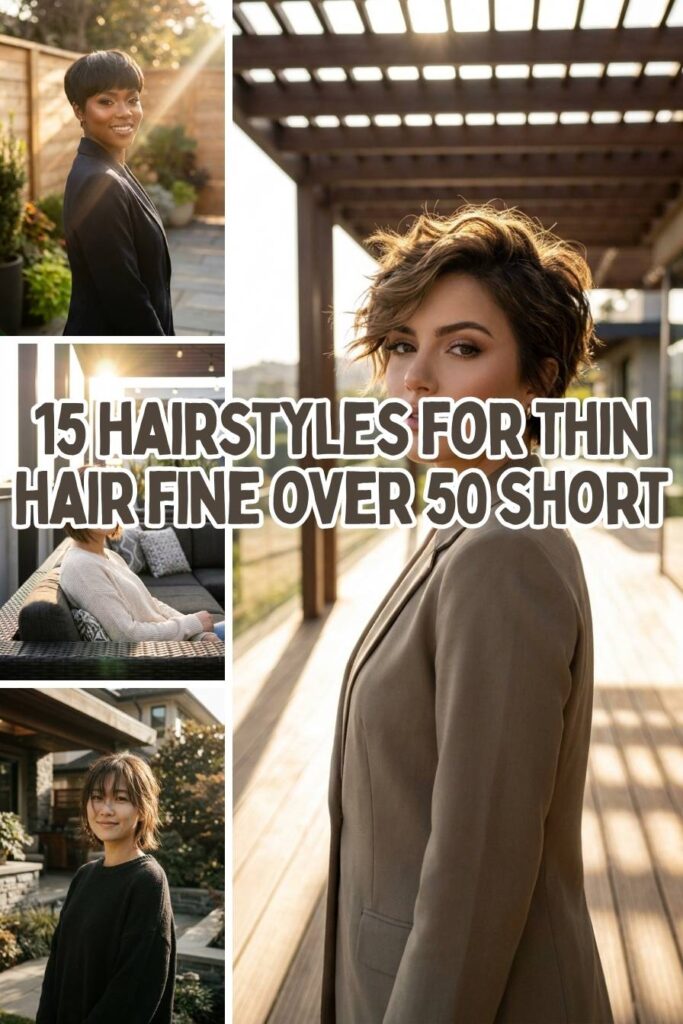A collage of four high-fashion images showcasing diverse women with short, voluminous hairstyles tailored for fine and thin hair textures. The central text overlay on the image reads "15 HAIRSTYLES FOR THIN HAIR FINE OVER 50 SHORT" in bold, capitalized white letters with a dark outline. The backgrounds feature upscale, sun-dappled outdoor architectural decks and patios.