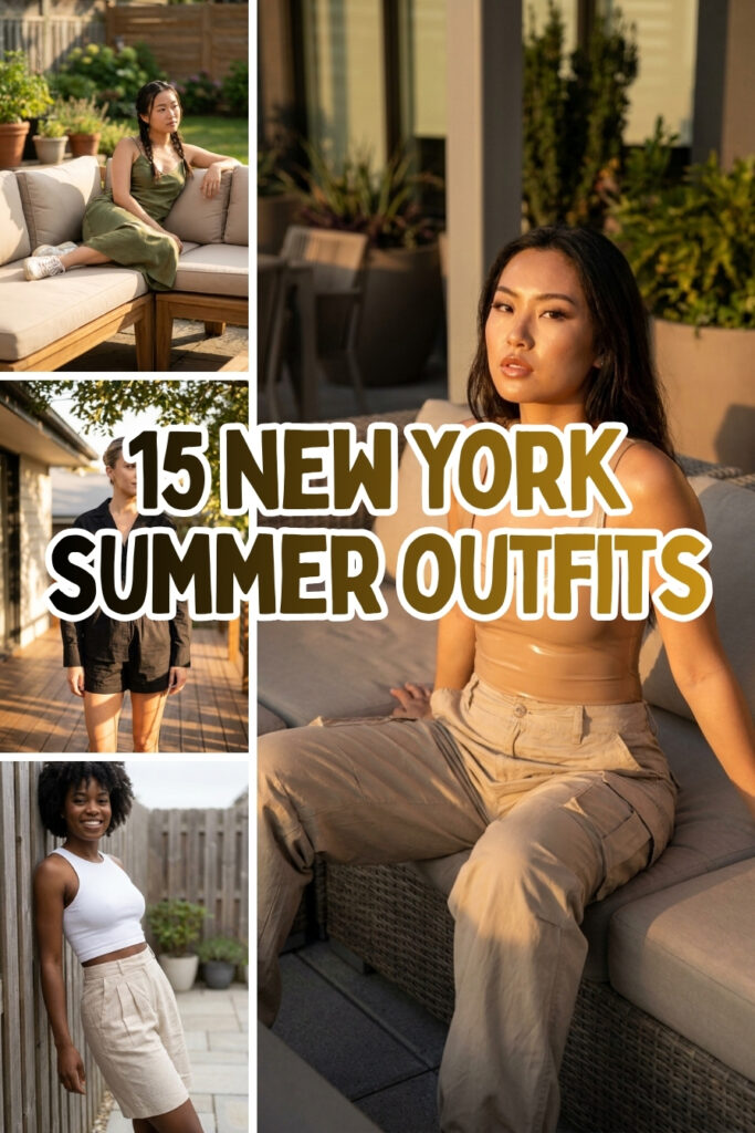 A multi-photo collage pin titled "15 NEW YORK SUMMER OUTFITS" in bold text. The layout features an East Asian woman in a tan bodysuit and cargo pants on a patio sectional, another woman in an olive green silk slip dress, a woman in a black poplin boxer short set on a sun-dappled deck, and an African-American woman in a white ribbed cropped tank top and pleated linen Bermuda shorts leaning against a wooden fence patio.