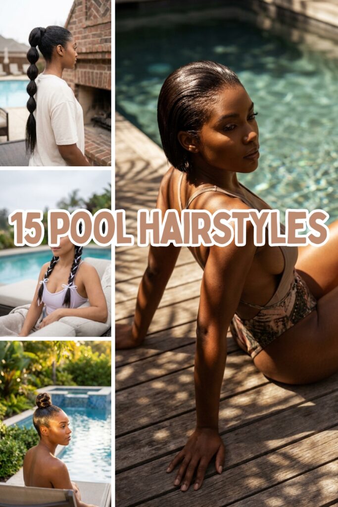 A collage image titled "15 Pool Hairstyles" showing four different women by a luxury swimming pool. Styles include a multi-elastic bubble ponytail, dual braids with cute white ribbons, a sleek high topknot bun, and a high-fashion slicked-back wet-look style on a sun-dappled deck.