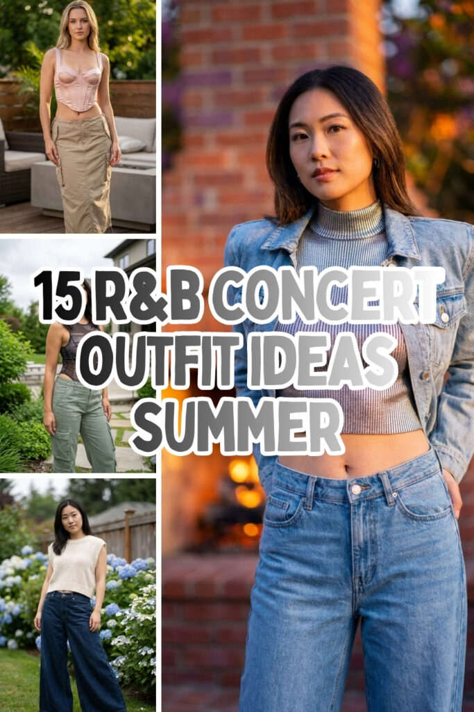 A multi-photo collage template with the text '15 R&B CONCERT OUTFIT IDEAS SUMMER' overlaid in bold white font with black outlines. The main right image features an East Asian woman in a denim jacket and metallic crop top by a brick fireplace at golden hour. The three smaller left vertical panels showcase a woman in a pink corset and cargo skirt, a woman in sage green cargo pants with a mesh top, and a woman in wide-leg jeans with a knit vest standing in a hydrangea garden.