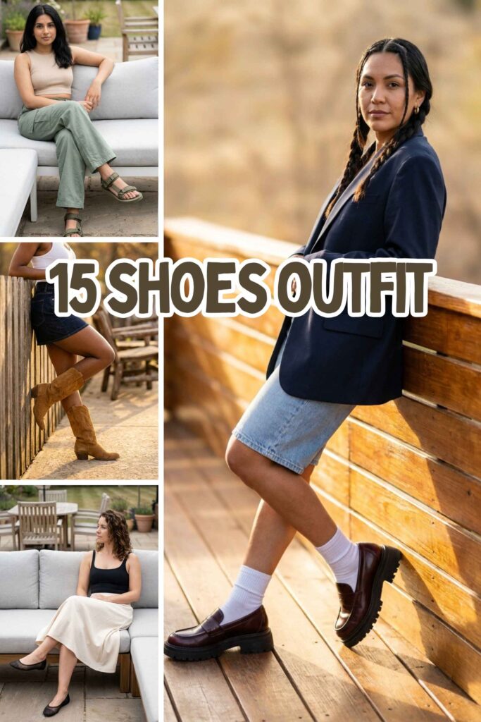A four-panel fashion collage titled '15 SHOES OUTFIT' referencing the file 15 shoes outfit_2.jpg, featuring diverse women modeling summer shoe pairing trends: technical green webbed sandals with utility trousers, brown suede Western boots with a denim mini skirt, delicate black mesh ballet flats with a cream midi skirt, and chunky burgundy loafers with white crew socks, light-wash denim shorts, and a navy blazer on a wooden sun-dappled deck.