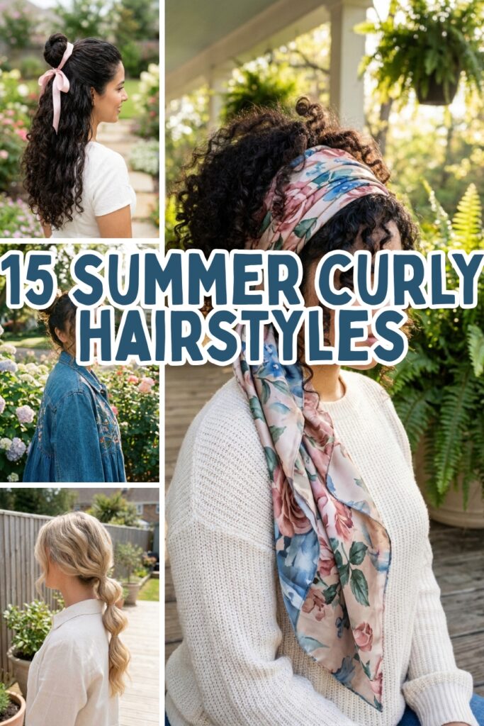 A collage titled "15 Summer Curly Hairstyles" featuring four distinct looks: a half-up style tied with a pink ribbon, a casual profile in a denim jacket, a low bubble ponytail, and a prominent image of a woman with voluminous natural curls styled with a floral silk head wrap on an outdoor patio.