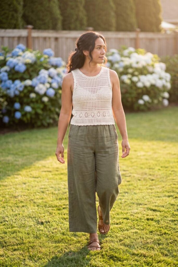 Crochet Knit Top & Relaxed Linen Pants