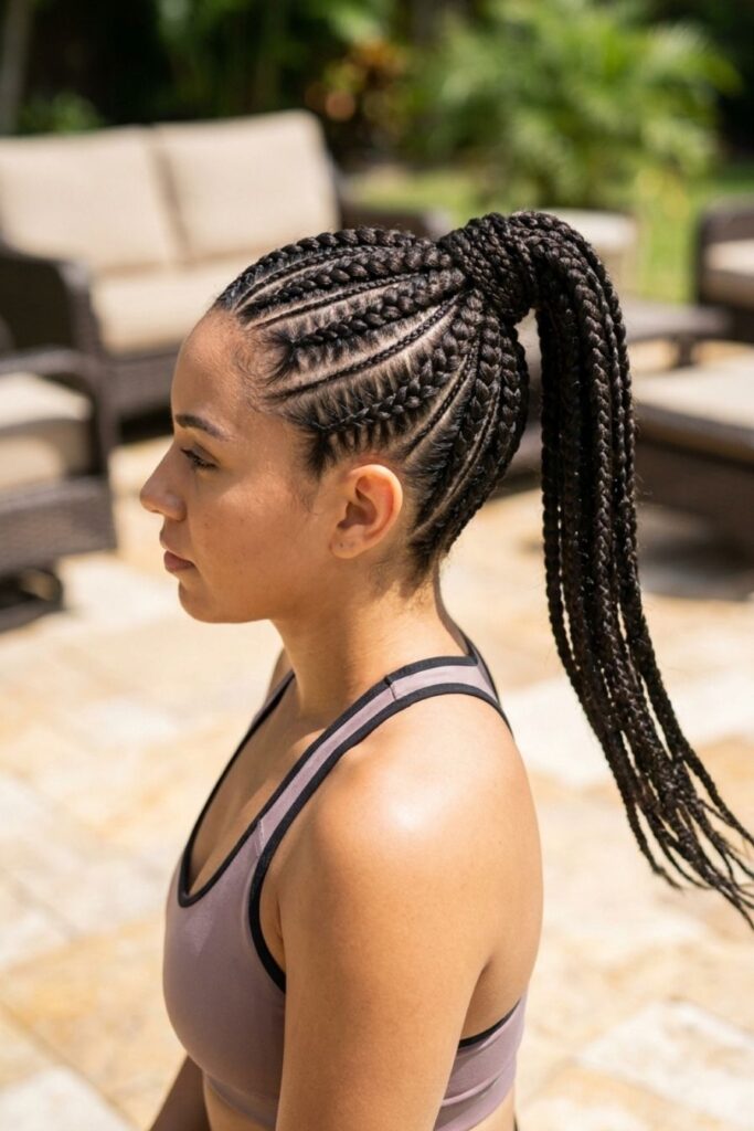 Feed-in Cornrows into a High Ponytail