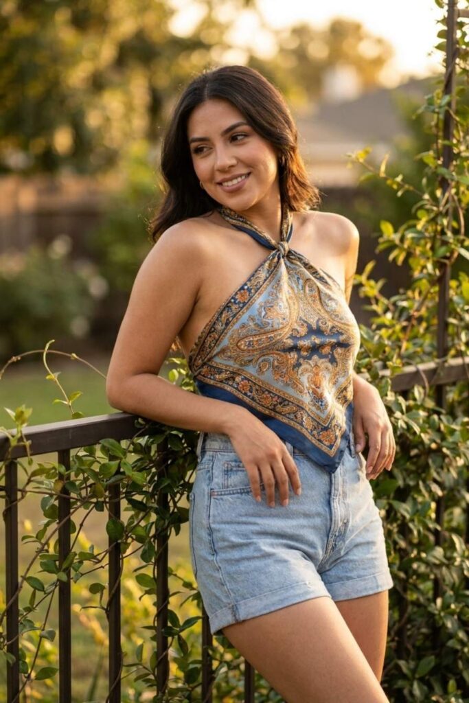 Silk Scarf Top & High-Waist Denim Shorts