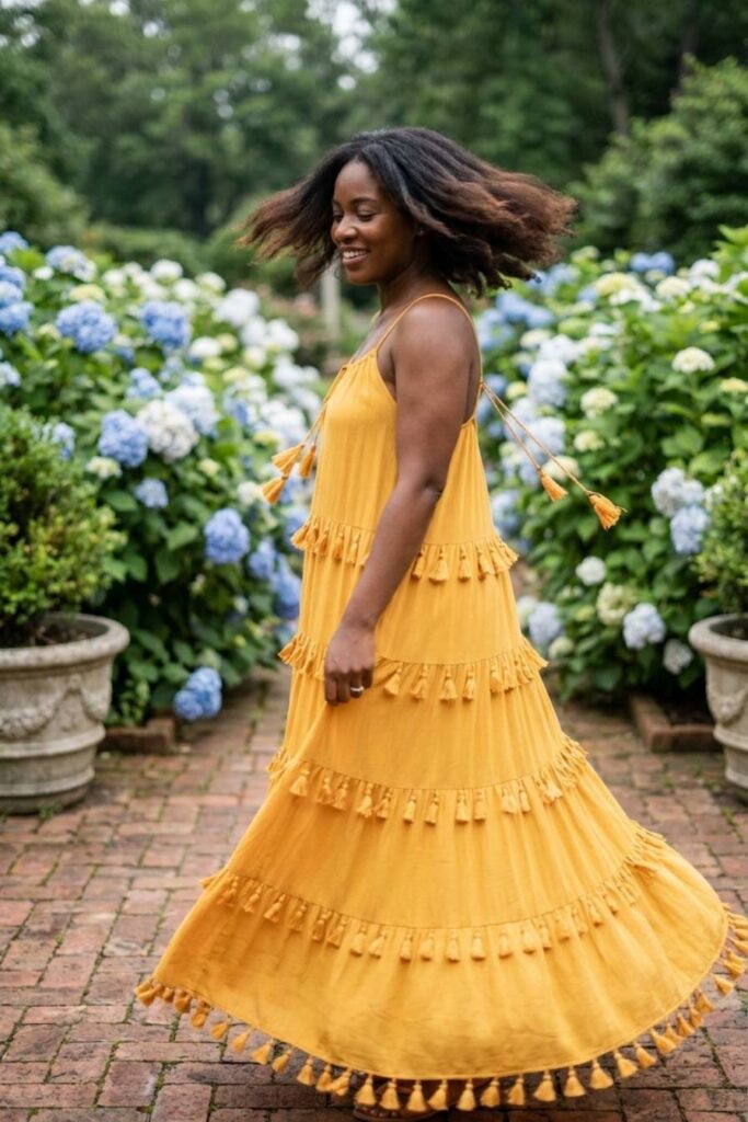Tiered Marigold Tassel Dress
