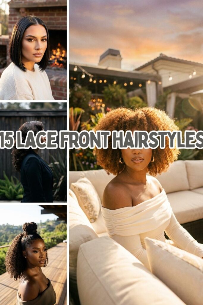 A vertical collage image titled "15 LACE FRONT HAIRSTYLES" showcasing four elegant women wearing different premium lace front wigs. The dominant right panel shows a woman with golden-hour afro-textured curls sitting on a luxury outdoor patio couch. The left column displays three smaller photos: a sleek middle-part blunt bob, romantic cascading waves shown from a side profile, and a snatched half-up curly top knot on a sunny wooden deck.